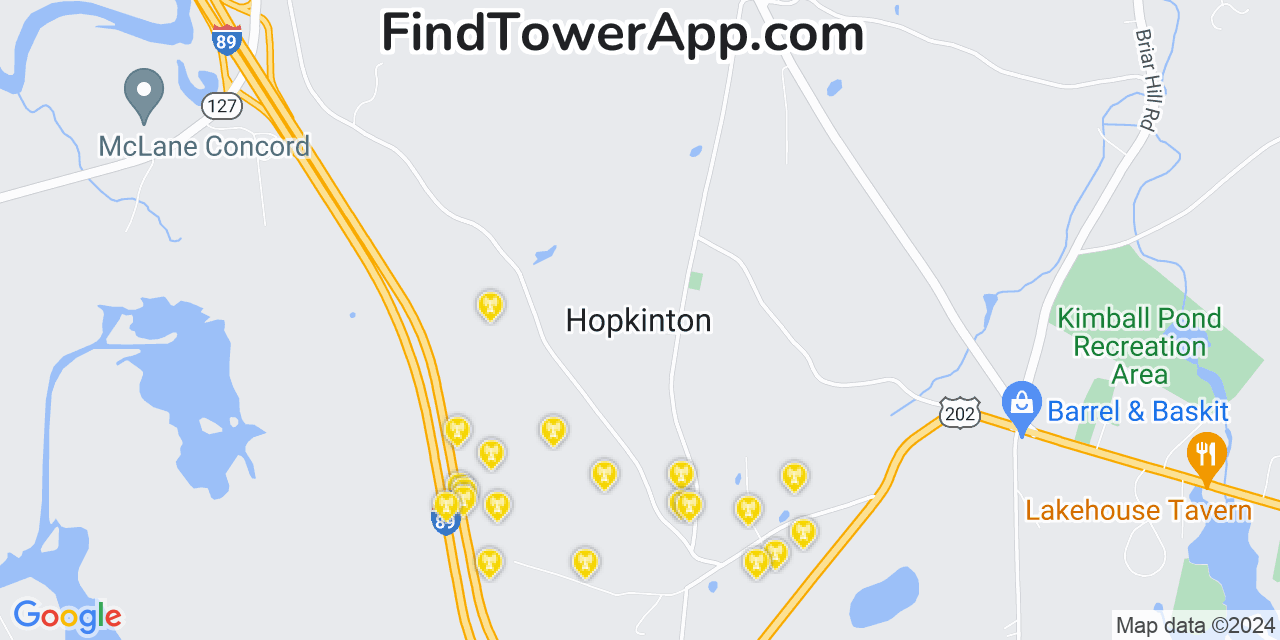 AT&T 4G/5G cell tower coverage map Hopkinton, New Hampshire