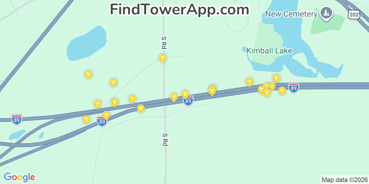 Map showing the 20 primary cell tower locations detected in Hopkinton, New Hampshire from AT&T, Verizon, and T-Mobile networks