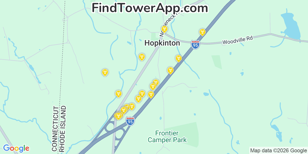 Map showing the 20 primary cell tower locations detected in Hopkinton, Rhode Island from AT&T, Verizon, and T-Mobile networks