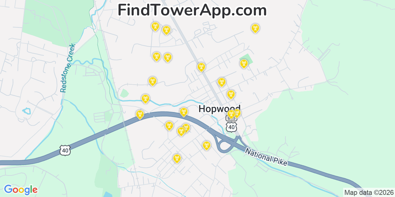 Map showing the 20 primary cell tower locations detected in Hopwood, Pennsylvania from AT&T, Verizon, and T-Mobile networks