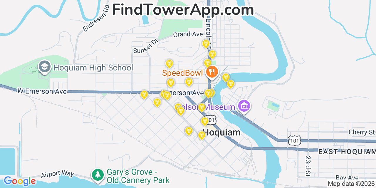Map showing the 20 primary cell tower locations detected in Hoquiam, Washington from AT&T, Verizon, and T-Mobile networks