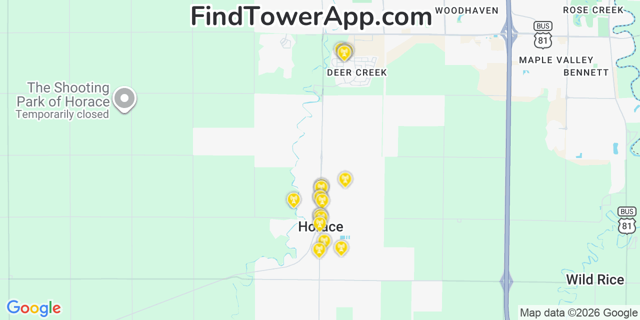 Map showing the 20 primary cell tower locations detected in Horace, North Dakota from AT&T, Verizon, and T-Mobile networks
