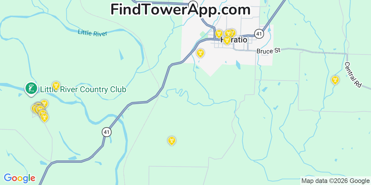 Map showing the 20 primary cell tower locations detected in Horatio, Arkansas from AT&T, Verizon, and T-Mobile networks