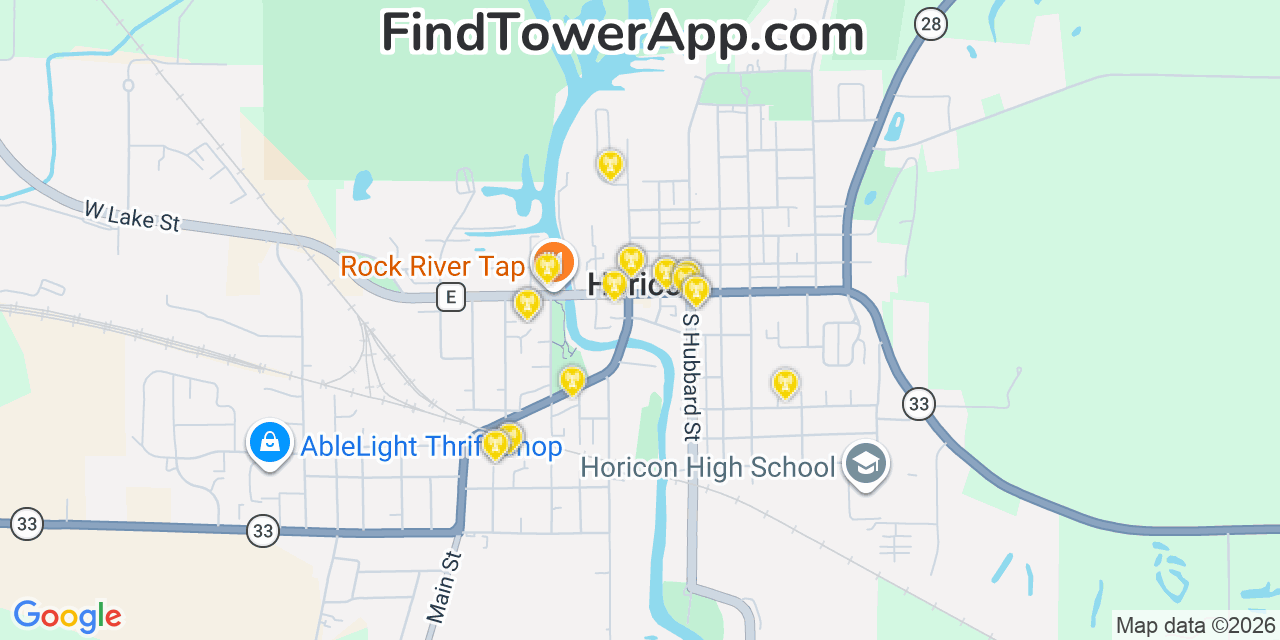 Map showing the 20 primary cell tower locations detected in Horicon, Wisconsin from AT&T, Verizon, and T-Mobile networks