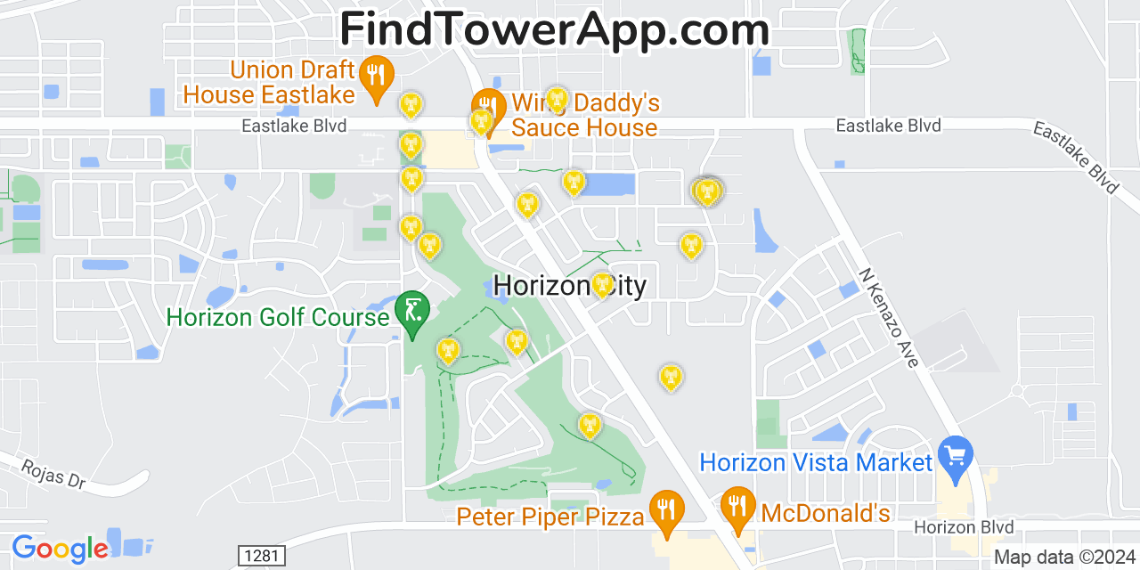 AT&T 4G/5G cell tower coverage map Horizon City, Texas