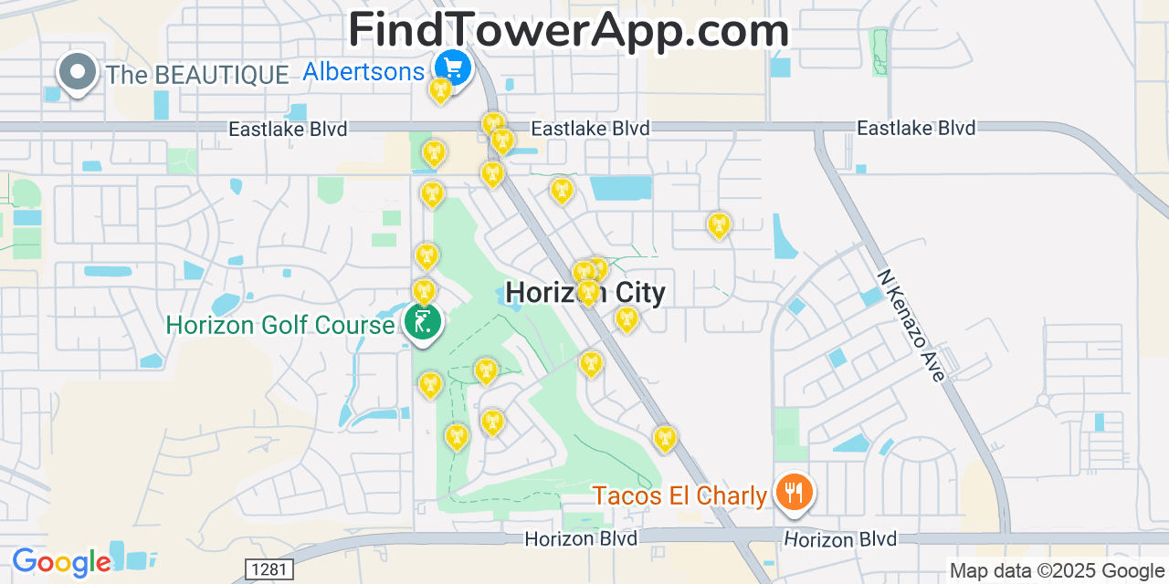 Map showing the 20 primary cell tower locations detected in Horizon City, Texas from AT&T, Verizon, and T-Mobile networks