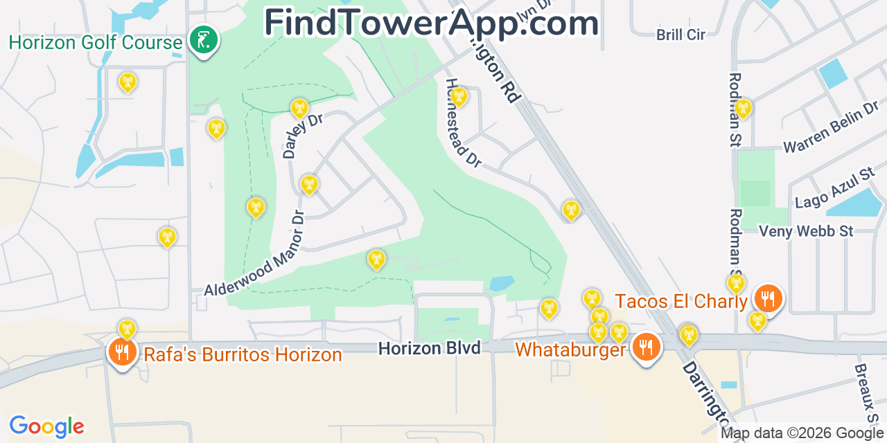 Map showing the 20 primary cell tower locations detected in Horizon City, Texas from AT&T, Verizon, and T-Mobile networks