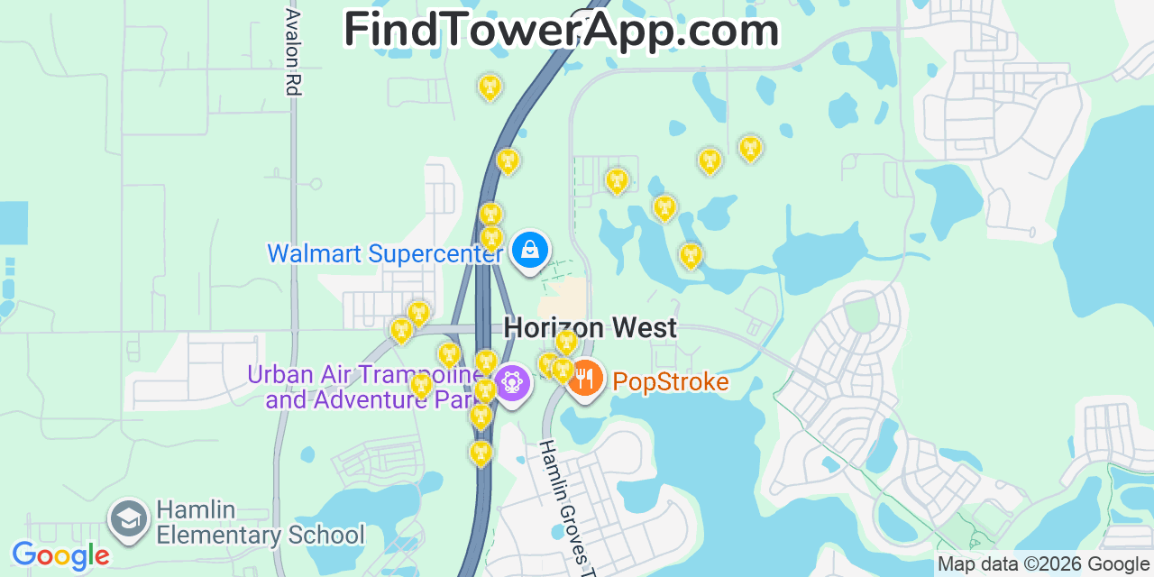 Map showing the 20 primary cell tower locations detected in Horizon West, Florida from AT&T, Verizon, and T-Mobile networks