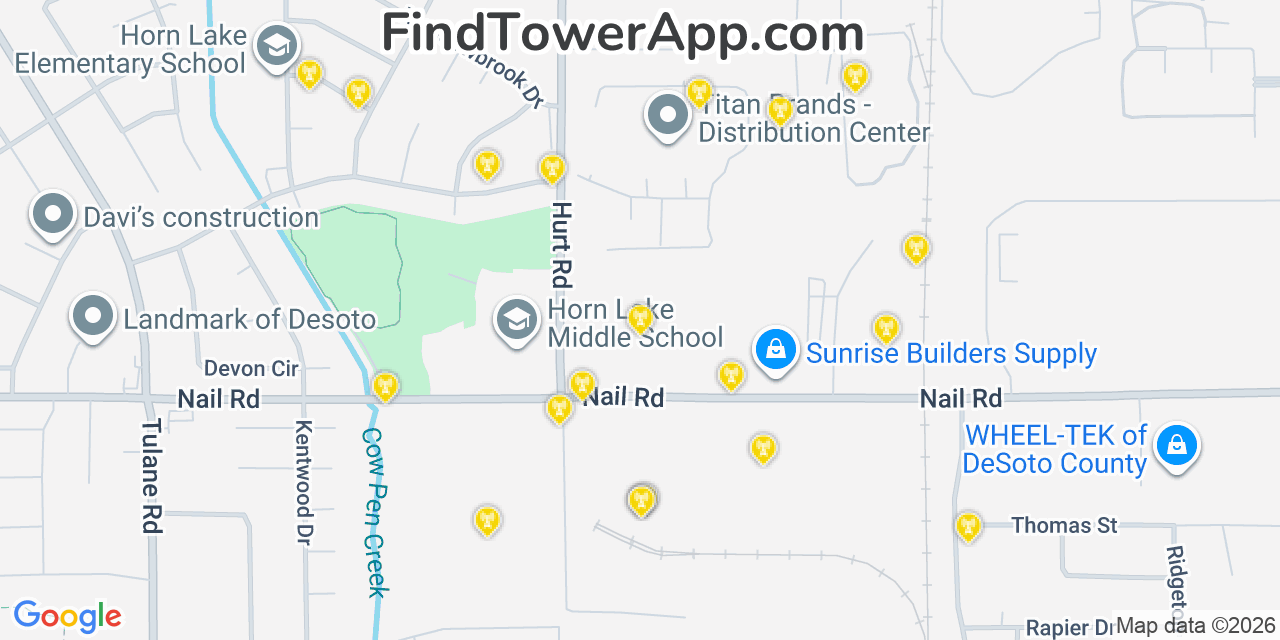 Map showing the 20 primary cell tower locations detected in Horn Lake, Mississippi from AT&T, Verizon, and T-Mobile networks