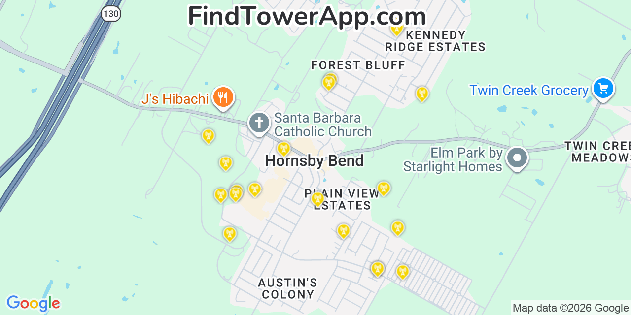 Map showing the 20 primary cell tower locations detected in Hornsby Bend, Texas from AT&T, Verizon, and T-Mobile networks
