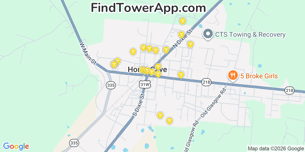 Map showing the 20 primary cell tower locations detected in Horse Cave, Kentucky from AT&T, Verizon, and T-Mobile networks