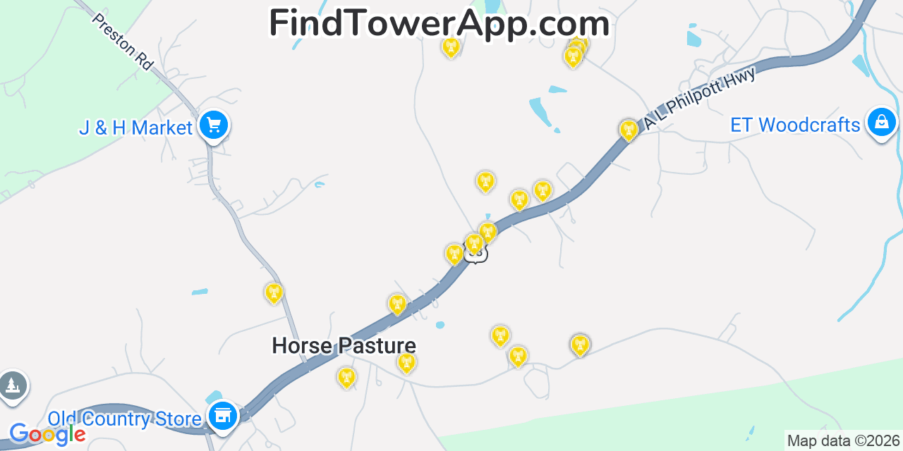 Map showing the 20 primary cell tower locations detected in Horse Pasture, Virginia from AT&T, Verizon, and T-Mobile networks