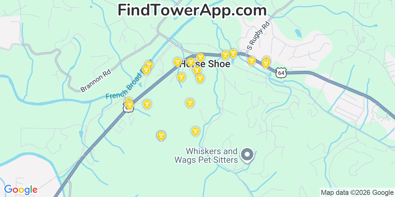 Map showing the 20 primary cell tower locations detected in Horse Shoe, North Carolina from AT&T, Verizon, and T-Mobile networks