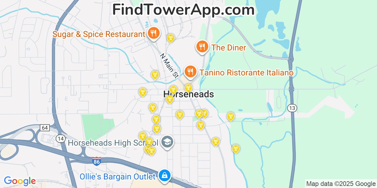 Map showing the 20 primary cell tower locations detected in Horseheads, New York from AT&T, Verizon, and T-Mobile networks