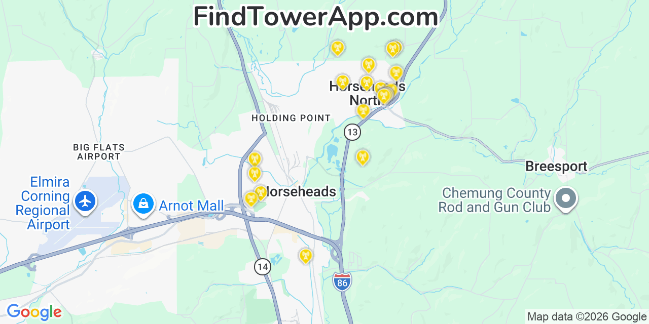Map showing the 20 primary cell tower locations detected in Horseheads, New York from AT&T, Verizon, and T-Mobile networks