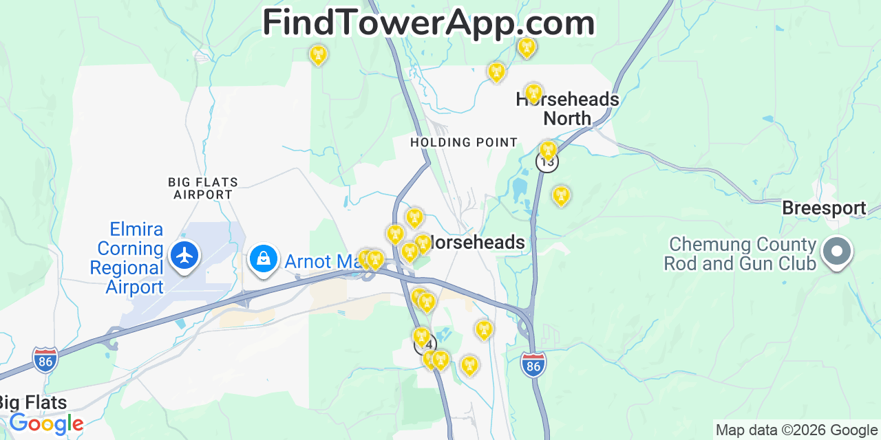 Map showing the 20 primary cell tower locations detected in Horseheads North, New York from AT&T, Verizon, and T-Mobile networks