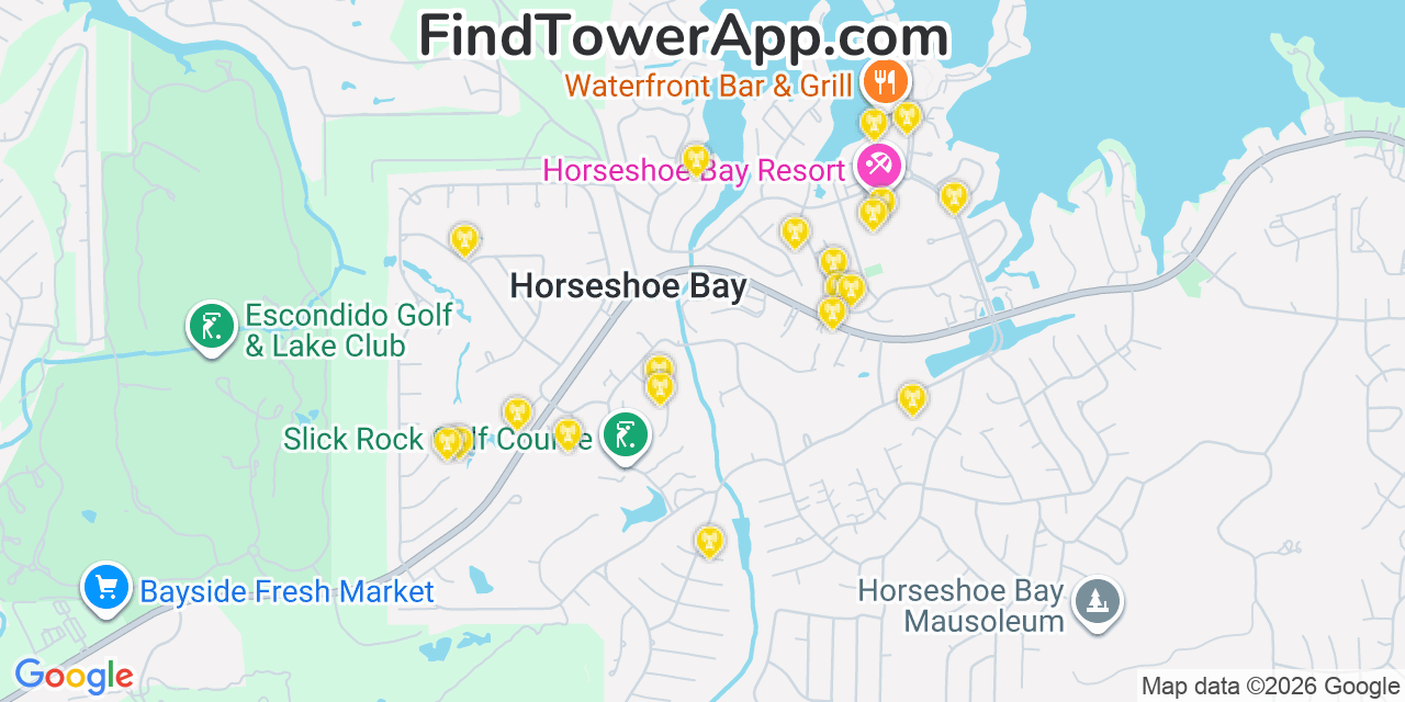 Map showing the 20 primary cell tower locations detected in Horseshoe Bay, Texas from AT&T, Verizon, and T-Mobile networks