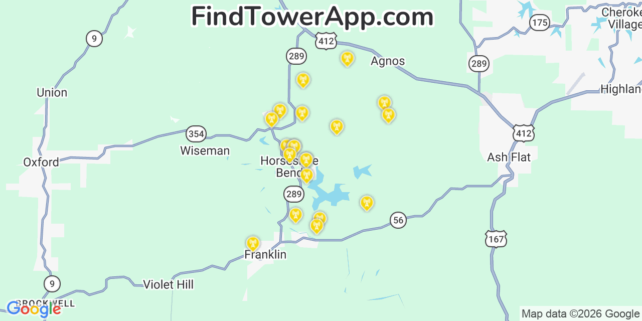 Map showing the 20 primary cell tower locations detected in Horseshoe Bend, Arkansas from AT&T, Verizon, and T-Mobile networks