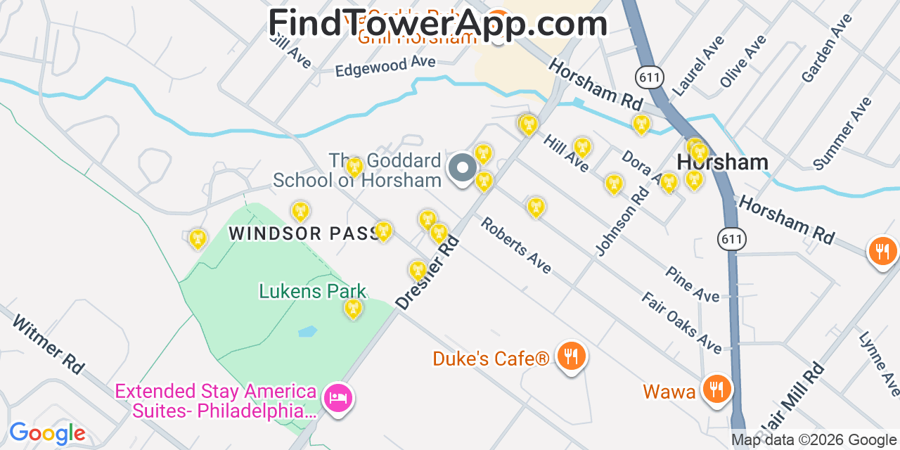 Map showing the 20 primary cell tower locations detected in Horsham, Pennsylvania from AT&T, Verizon, and T-Mobile networks