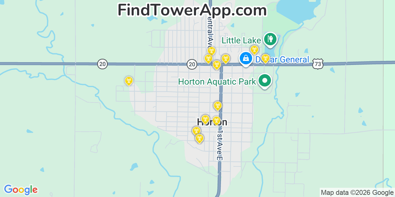 Map showing the 20 primary cell tower locations detected in Horton, Kansas from AT&T, Verizon, and T-Mobile networks