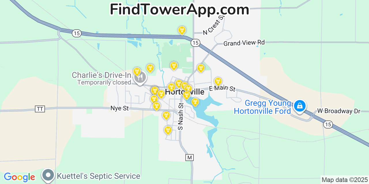 Map showing the 20 primary cell tower locations detected in Hortonville, Wisconsin from AT&T, Verizon, and T-Mobile networks