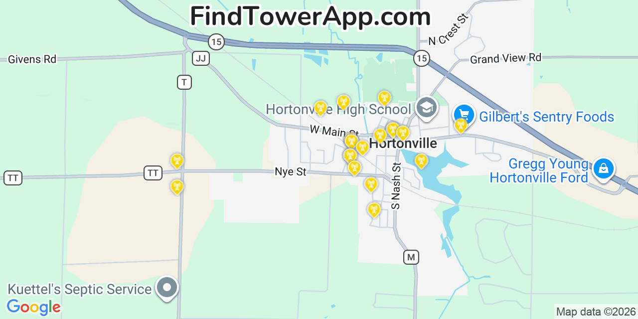 Map showing the 20 primary cell tower locations detected in Hortonville, Wisconsin from AT&T, Verizon, and T-Mobile networks