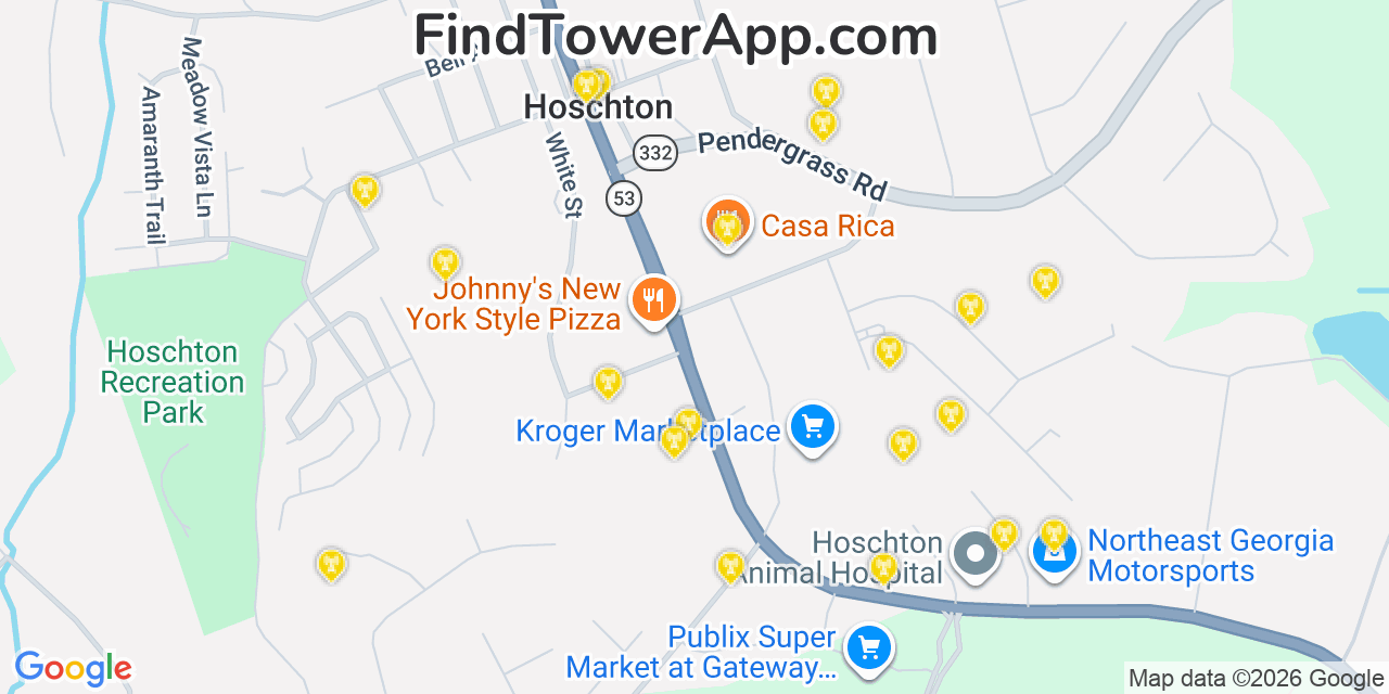 Map showing the 20 primary cell tower locations detected in Hoschton, Georgia from AT&T, Verizon, and T-Mobile networks