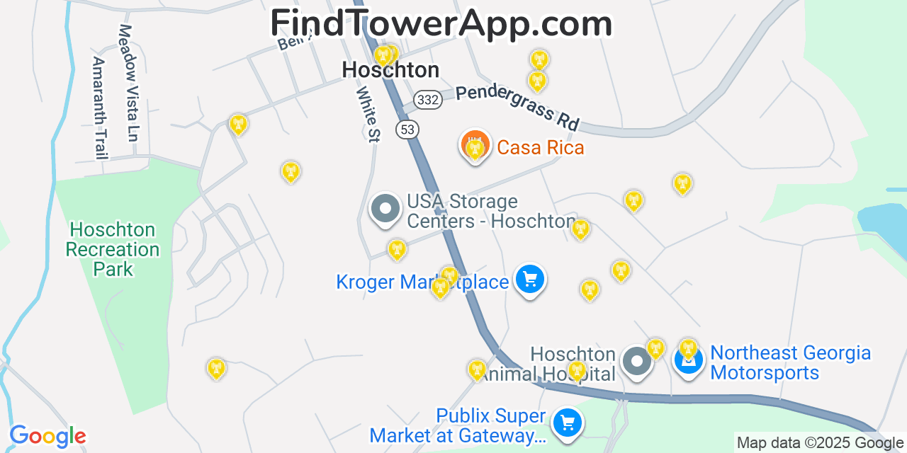 Map showing the 20 primary Mobitel cell tower locations detected in Hoschton, Georgia with coverage radius and signal strength indicators