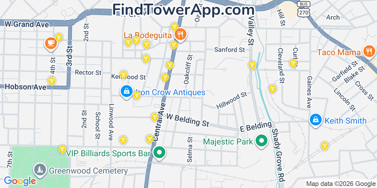 Map showing the 20 primary cell tower locations detected in Hot Springs, Arkansas from AT&T, Verizon, and T-Mobile networks