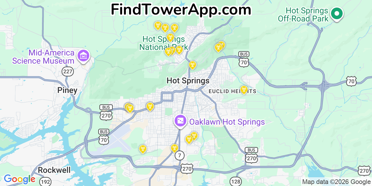 Map showing the 20 primary cell tower locations detected in Hot Springs National Park, Arkansas from AT&T, Verizon, and T-Mobile networks