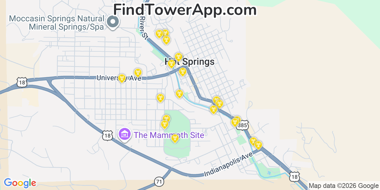 Map showing the 20 primary cell tower locations detected in Hot Springs, South Dakota from AT&T, Verizon, and T-Mobile networks
