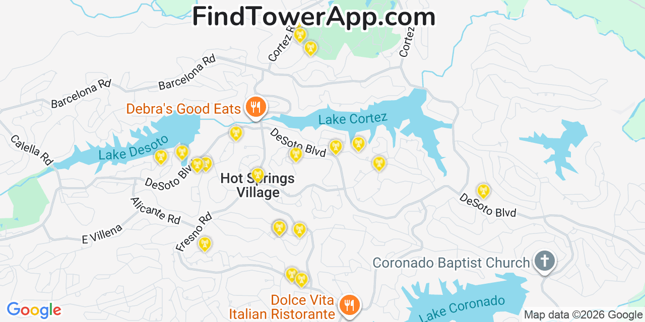 Map showing the 20 primary cell tower locations detected in Hot Springs Village, Arkansas from AT&T, Verizon, and T-Mobile networks