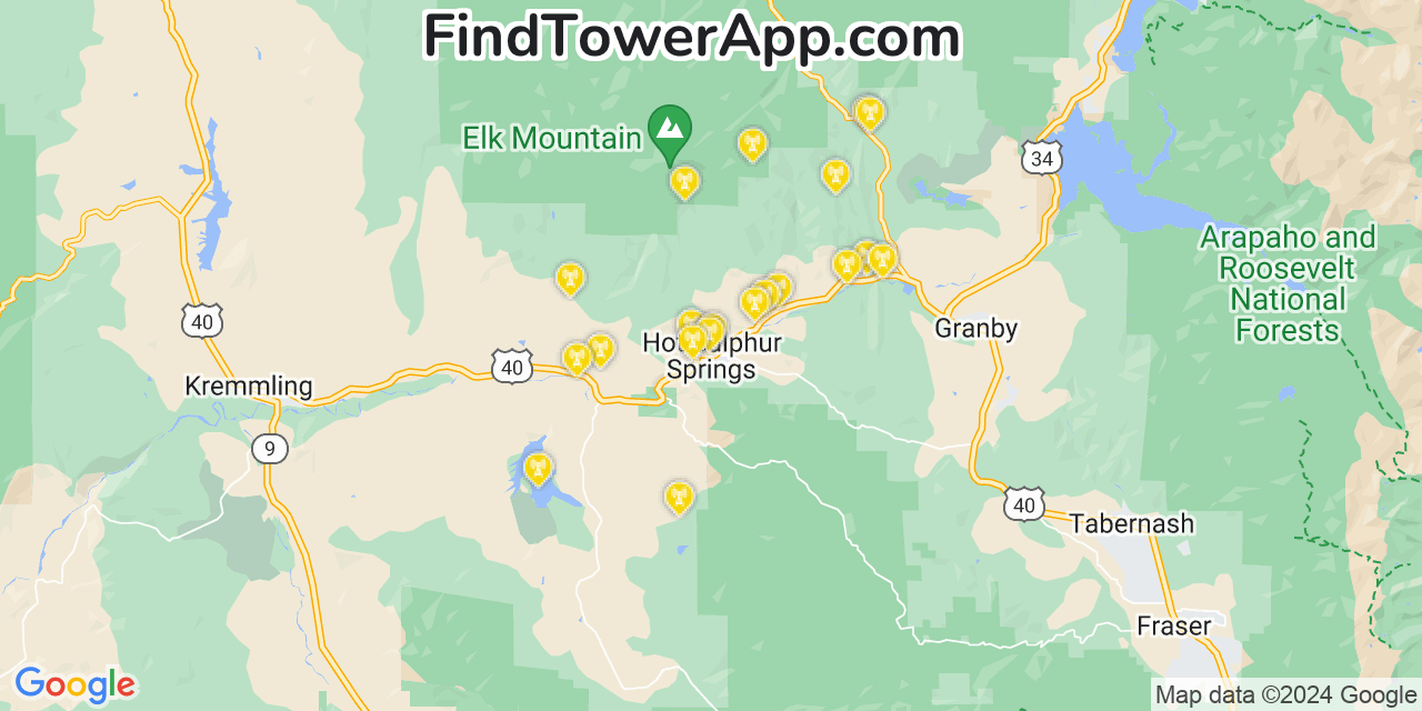 AT&T 4G/5G cell tower coverage map Hot Sulphur Springs, Colorado