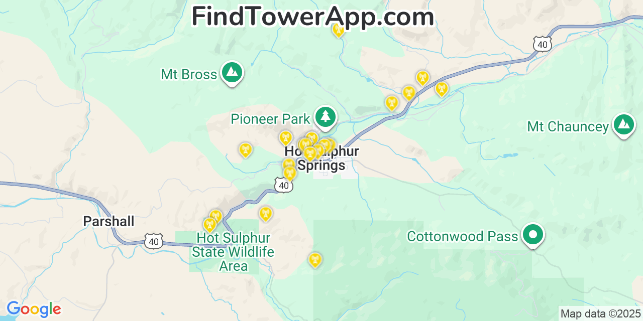 Map showing the 20 primary cell tower locations detected in Hot Sulphur Springs, Colorado from AT&T, Verizon, and T-Mobile networks