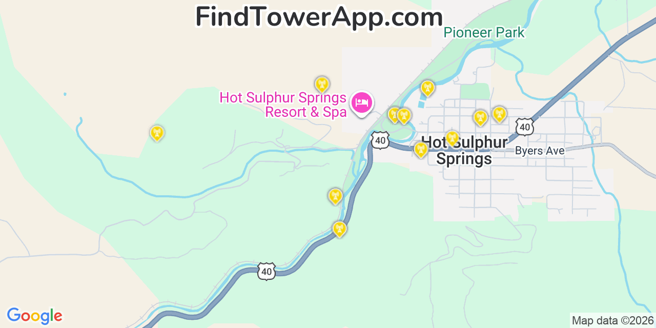 Map showing the 20 primary cell tower locations detected in Hot Sulphur Springs, Colorado from AT&T, Verizon, and T-Mobile networks