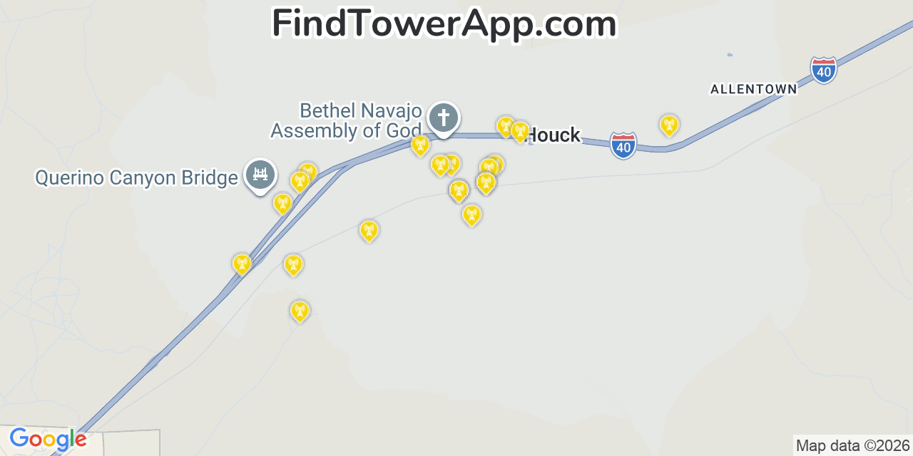 Map showing the 20 primary cell tower locations detected in Houck, Arizona from AT&T, Verizon, and T-Mobile networks