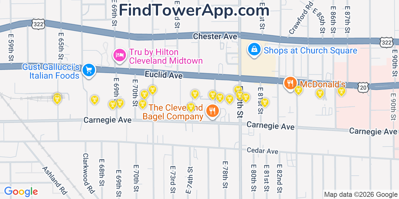Map showing the 20 primary cell tower locations detected in Hough, Ohio from AT&T, Verizon, and T-Mobile networks