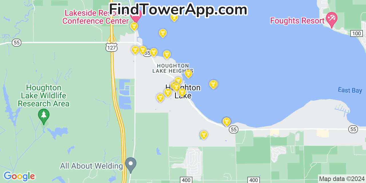 AT&T 4G/5G cell tower coverage map Houghton Lake, Michigan