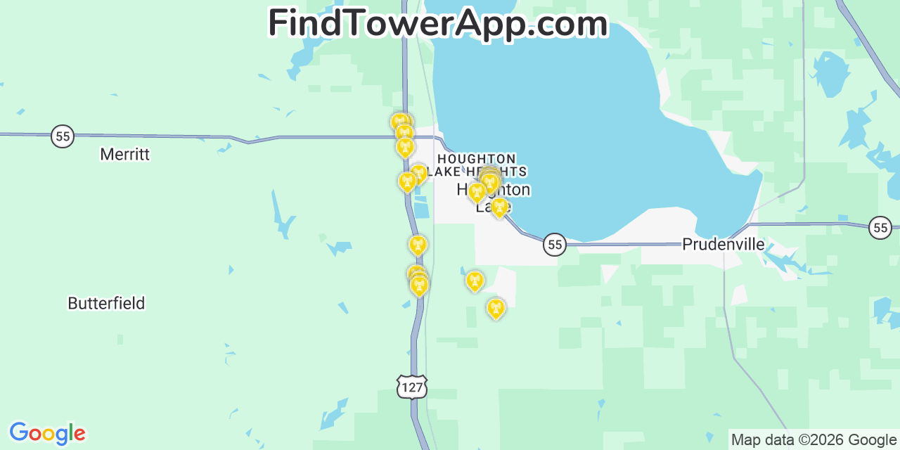 Map showing the 20 primary cell tower locations detected in Houghton Lake, Michigan from AT&T, Verizon, and T-Mobile networks
