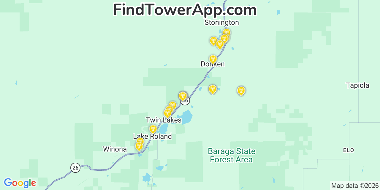 Map showing the 20 primary cell tower locations detected in Houghton, Michigan from AT&T, Verizon, and T-Mobile networks