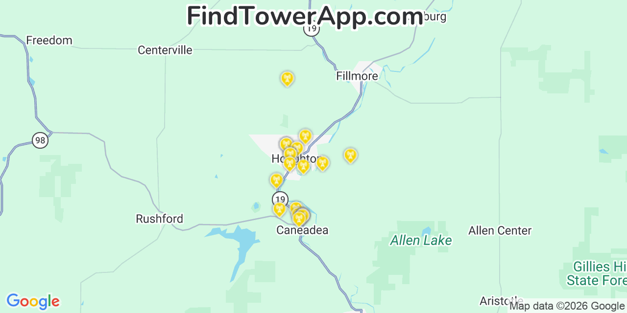Map showing the 20 primary cell tower locations detected in Houghton, New York from AT&T, Verizon, and T-Mobile networks