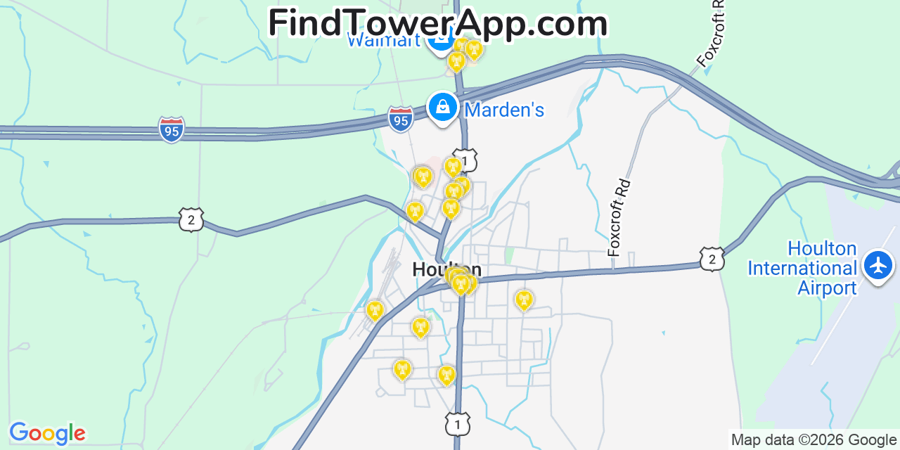 Map showing the 20 primary cell tower locations detected in Houlton, Maine from AT&T, Verizon, and T-Mobile networks