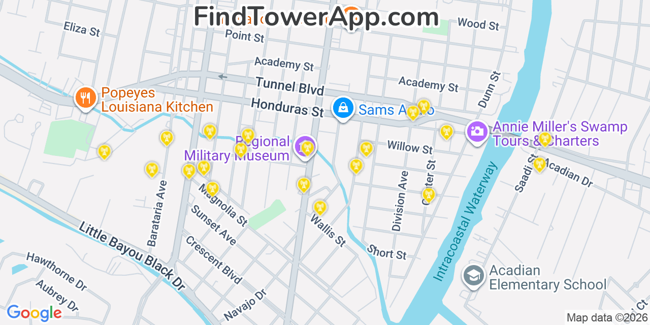 Map showing the 20 primary cell tower locations detected in Houma, Louisiana from AT&T, Verizon, and T-Mobile networks
