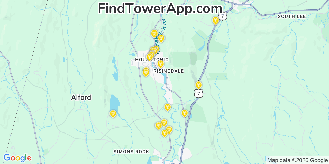 Map showing the 20 primary cell tower locations detected in Housatonic, Massachusetts from AT&T, Verizon, and T-Mobile networks