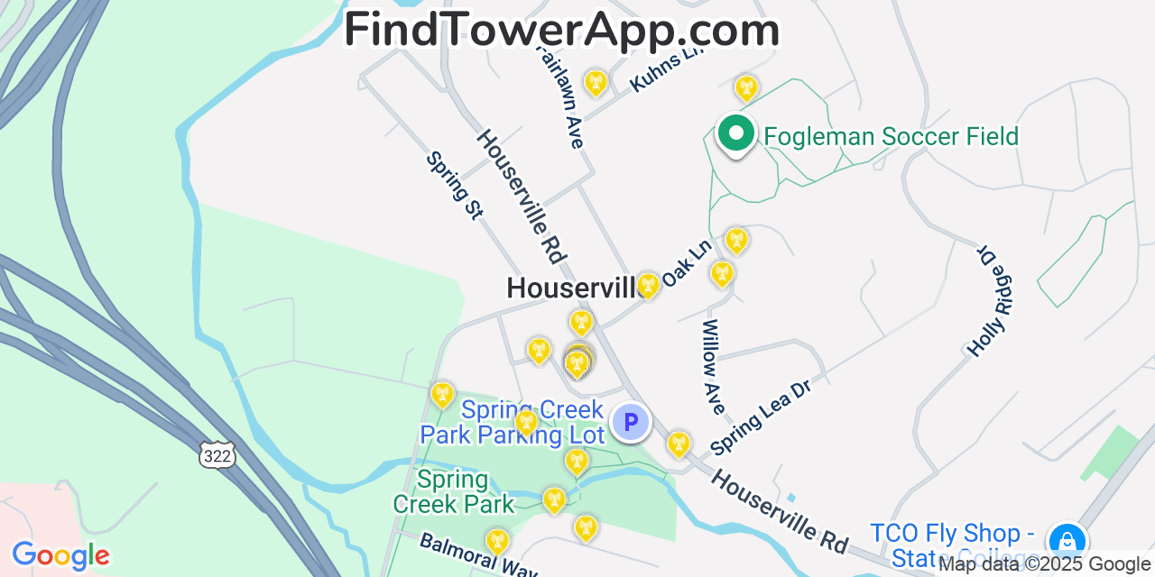 Map showing the 20 primary cell tower locations detected in Houserville, Pennsylvania from AT&T, Verizon, and T-Mobile networks