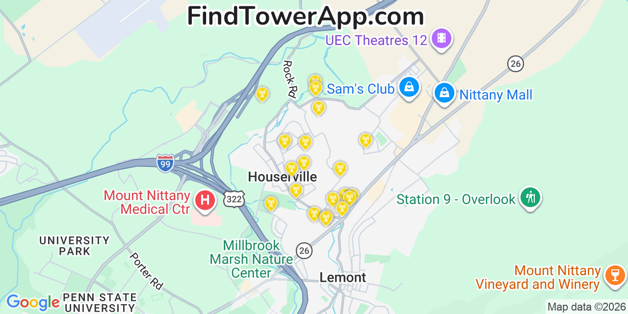 Map showing the 20 primary cell tower locations detected in Houserville, Pennsylvania from AT&T, Verizon, and T-Mobile networks