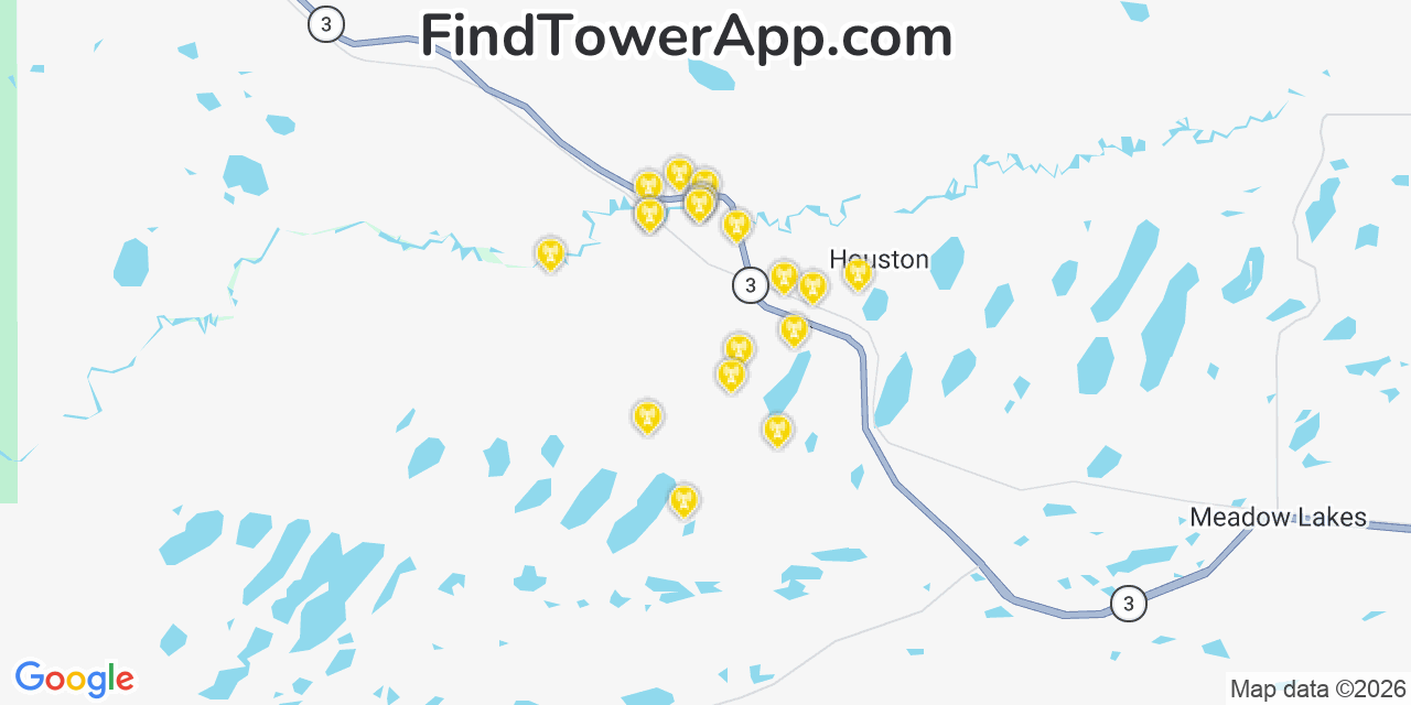 Map showing the 20 primary cell tower locations detected in Houston, Alaska from AT&T, Verizon, and T-Mobile networks