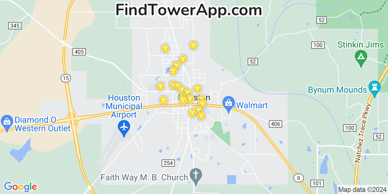 AT&T 4G/5G cell tower coverage map Houston, Mississippi