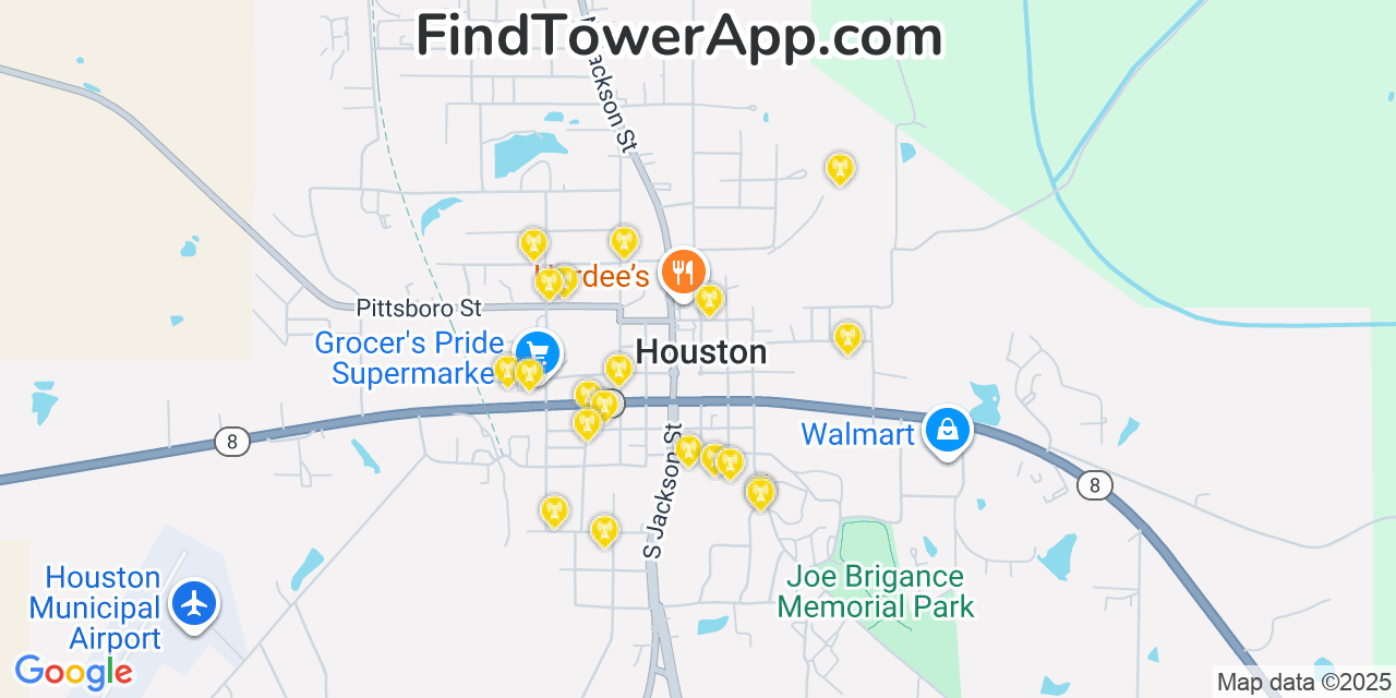 Map showing the 20 primary cell tower locations detected in Houston, Mississippi from AT&T, Verizon, and T-Mobile networks