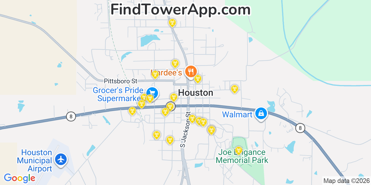 Map showing the 20 primary cell tower locations detected in Houston, Mississippi from AT&T, Verizon, and T-Mobile networks